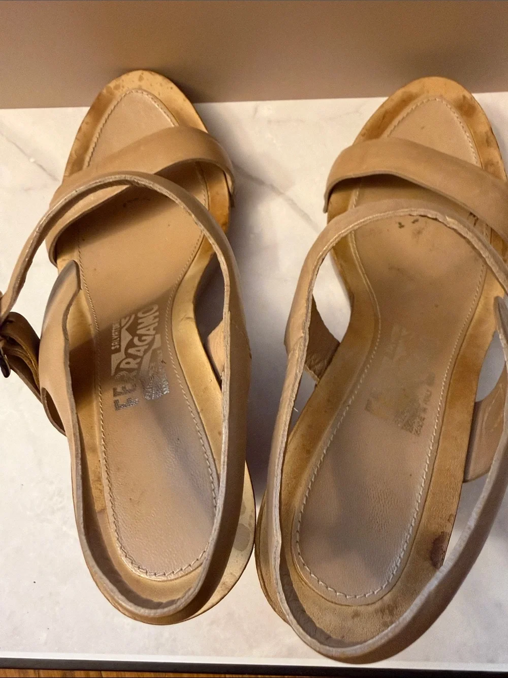 Salvatore Ferragamo Tan Leather Two‑Strap Slingback Sandals